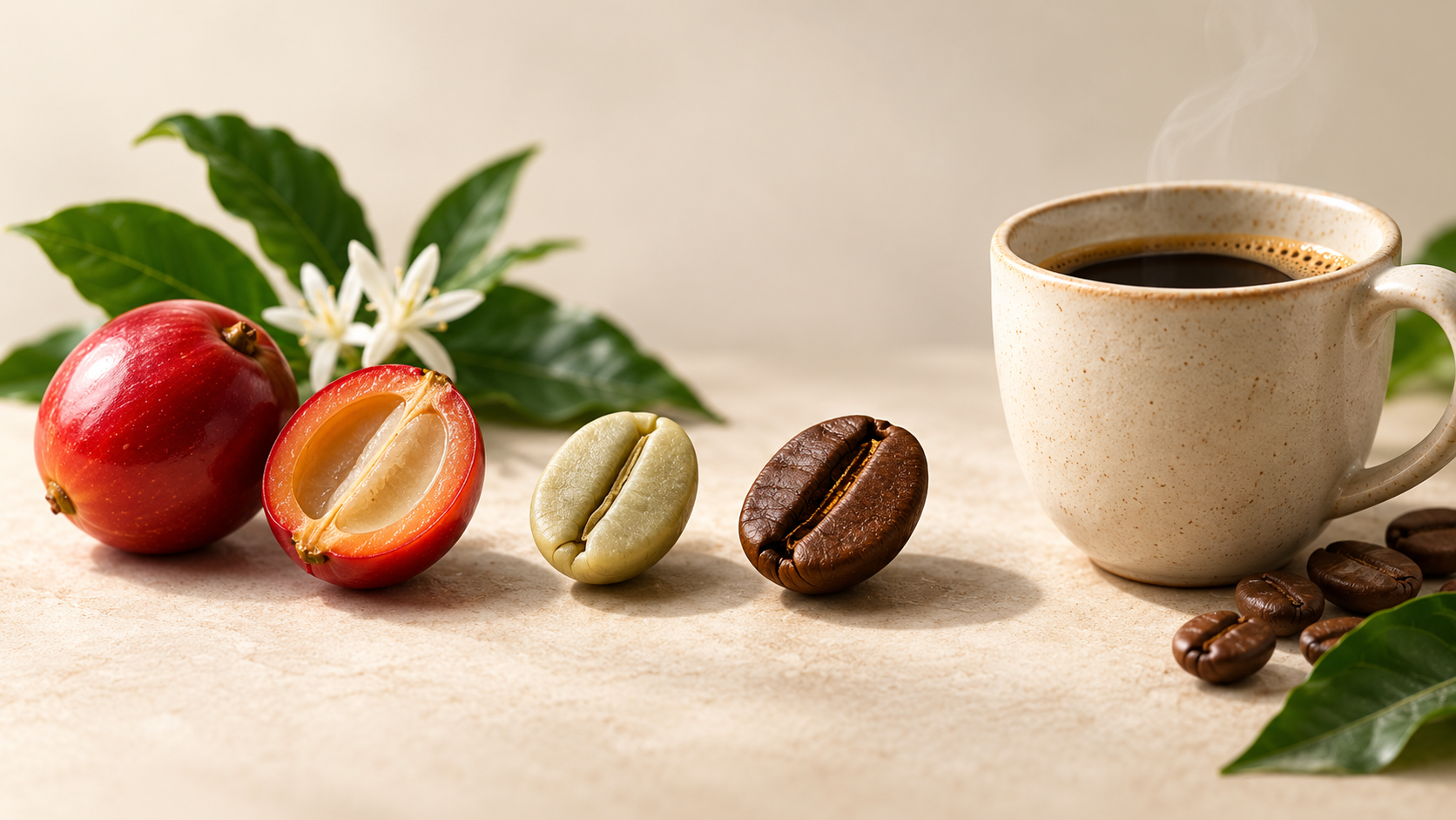 Illustrated coffee journey from ripe cherry and green seed to roasted coffee and a brewed cup