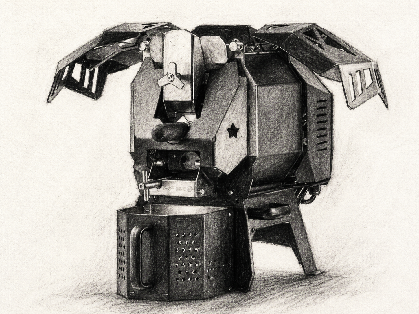 Hand-drawn editorial illustration of a Kaleido M2 coffee roaster