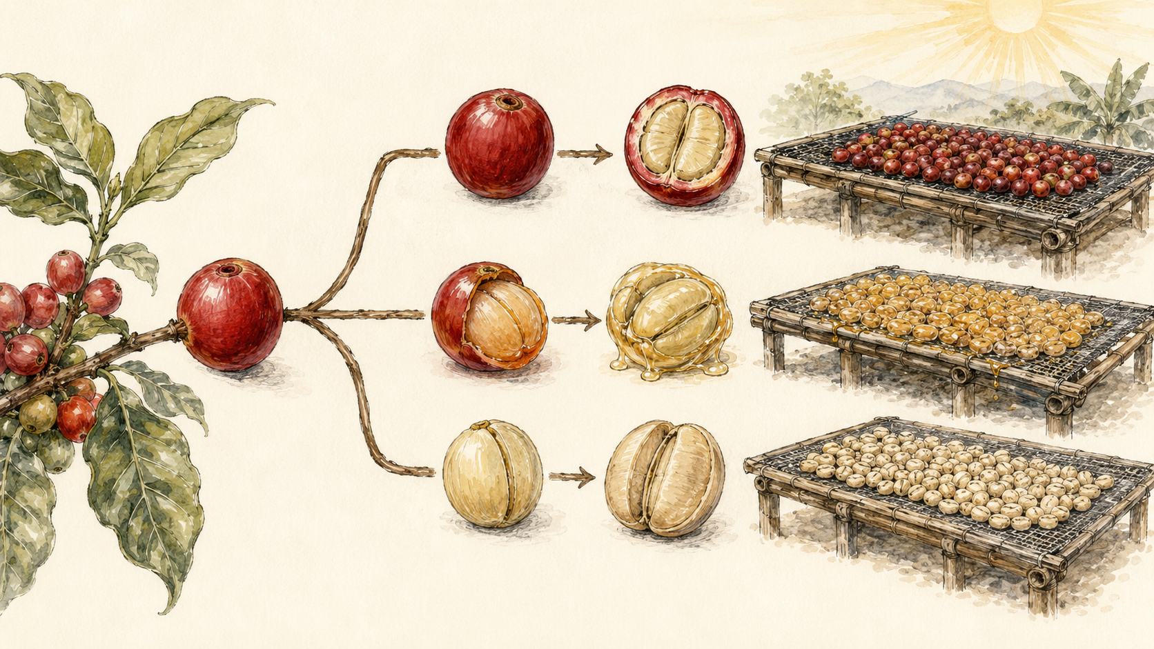 Hand-drawn overview of the main coffee processing paths from cherry to green coffee