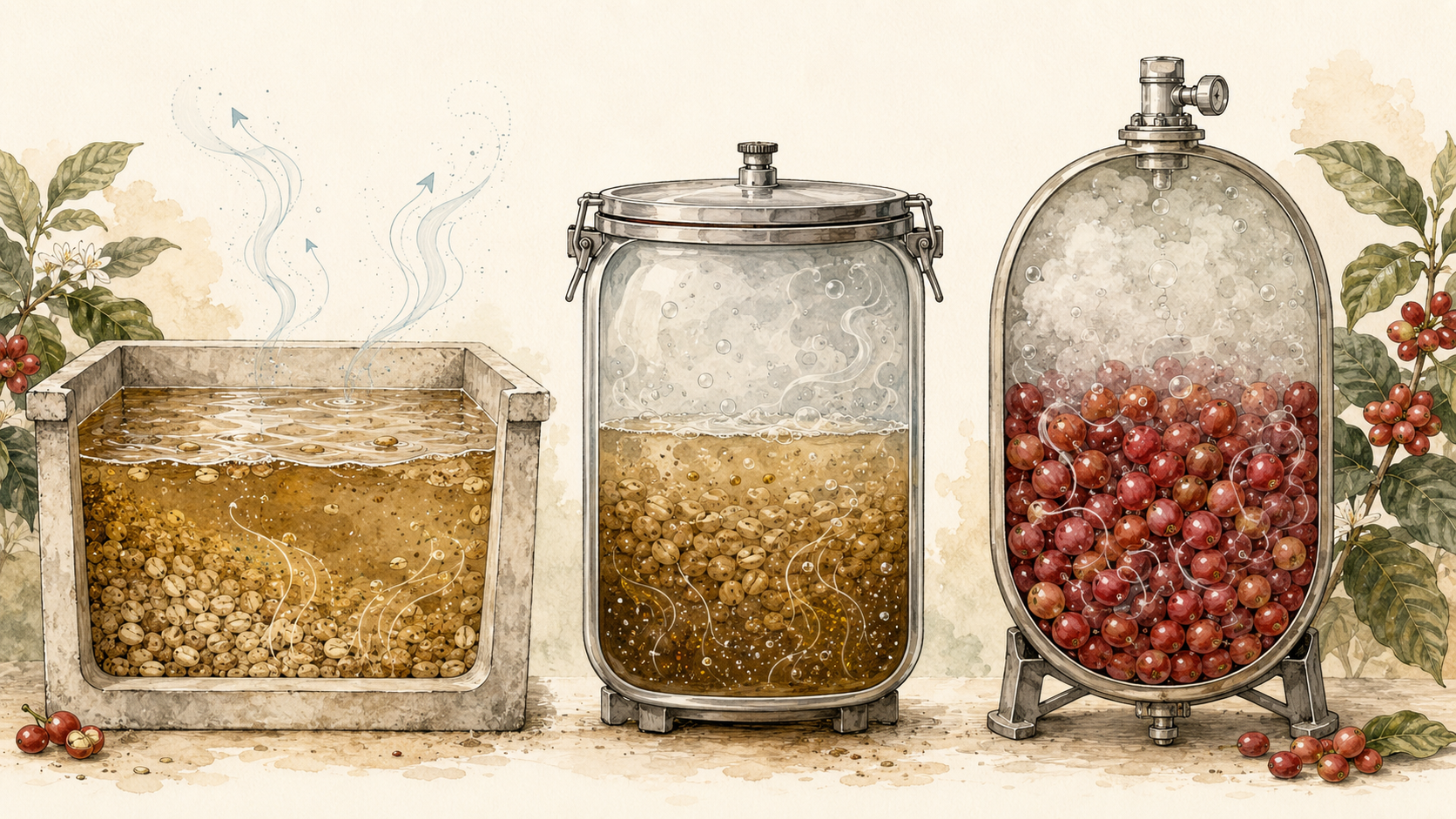 Hand-drawn comparison of open, sealed oxygen-limited and carbon-dioxide-rich coffee fermentation environments