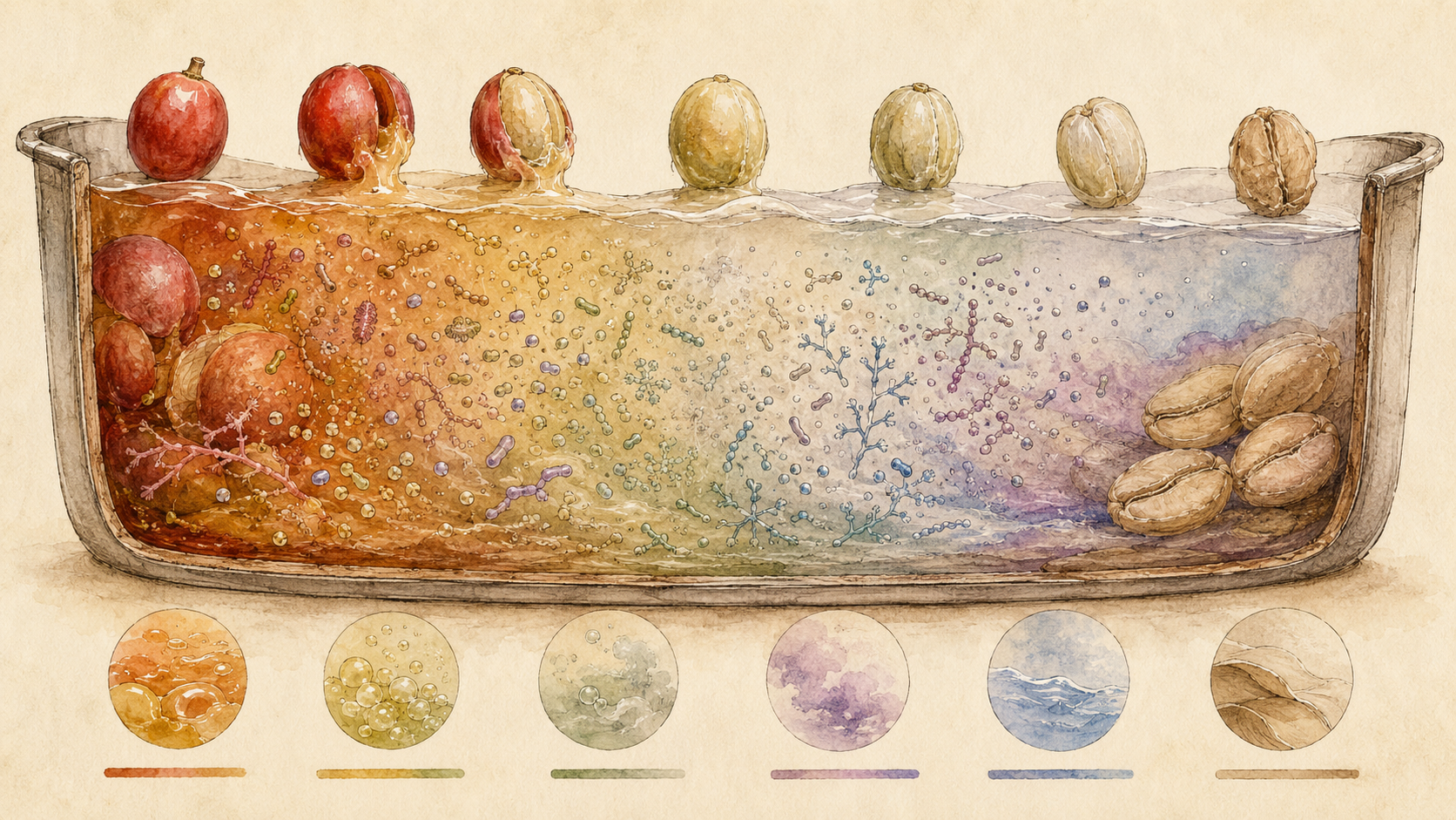Conceptual hand-drawn view of changing microbial communities and chemistry during coffee fermentation