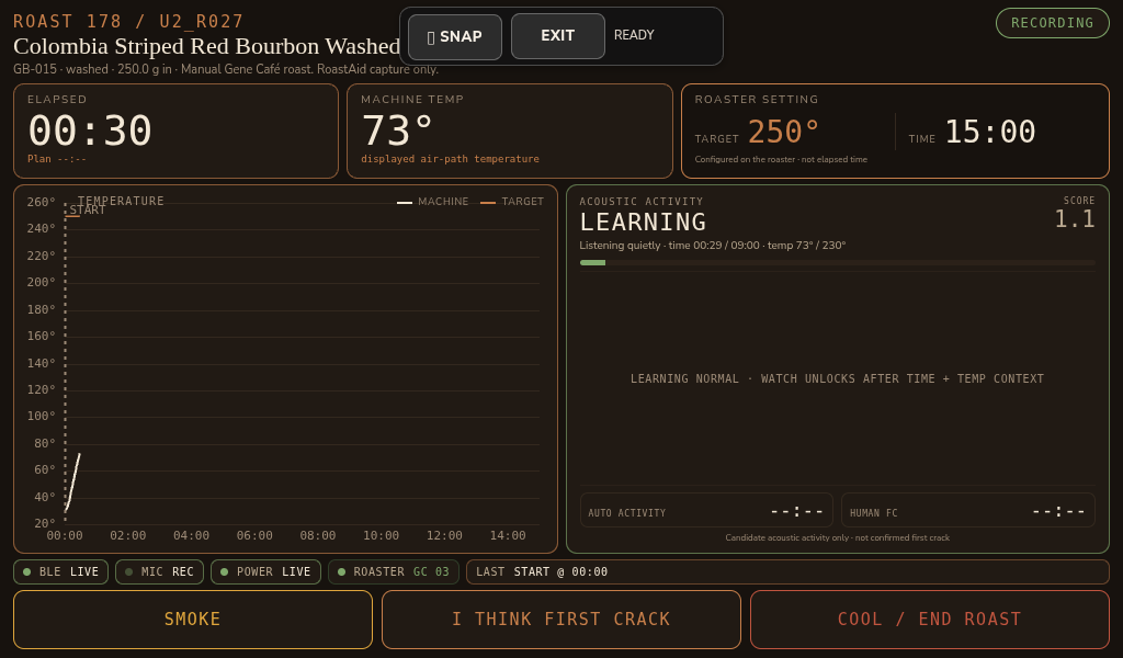 RoastAid recording screen showing Roast 178 machine temperature, roaster settings and acoustic-learning status