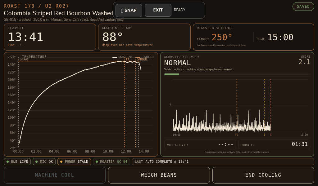 Completed RoastAid capture showing machine-temperature and acoustic-activity traces near the end of Roast 178
