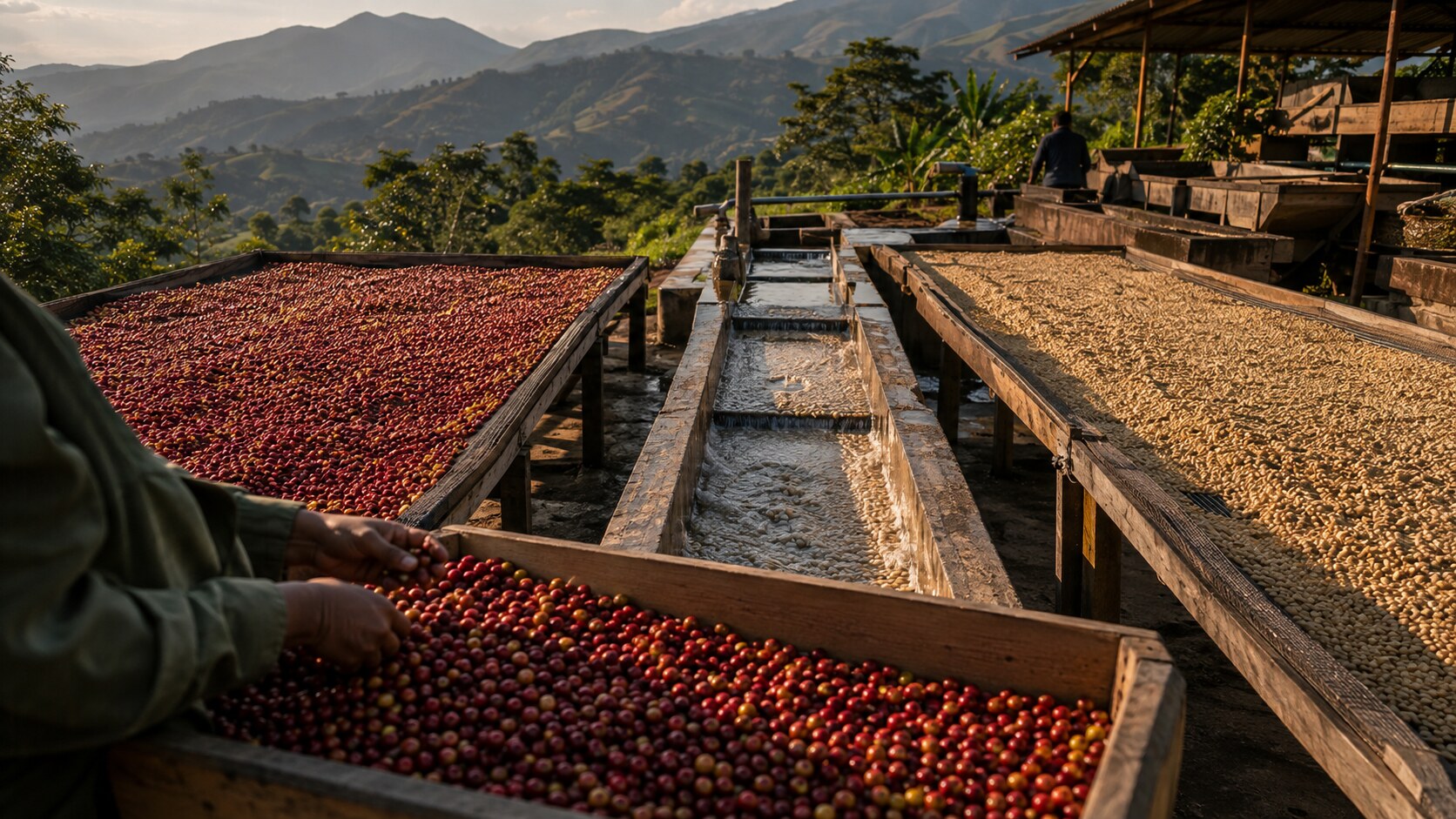 Coffee cherries, washed parchment and drying coffee shown as parallel post-harvest processing paths