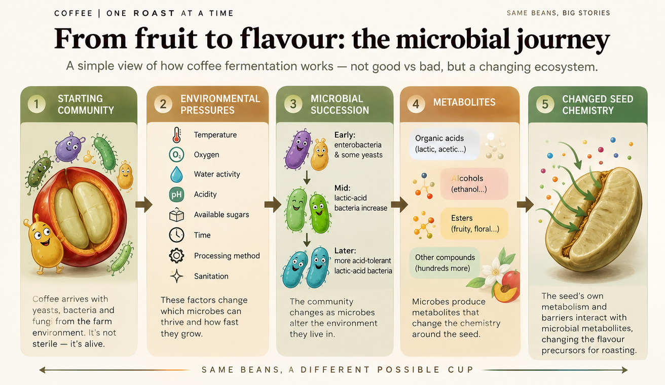 Coffee fermentation diagram showing environmental pressure, microbial succession, metabolites and changes to seed chemistry