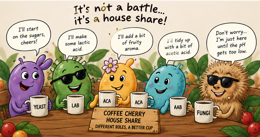 Cartoon microbes sharing a coffee cherry environment during fermentation