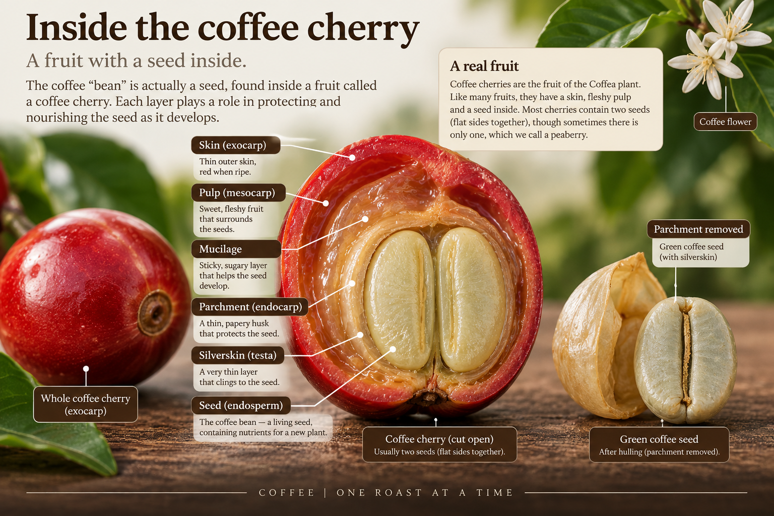 Educational cross-section of a coffee cherry showing skin, pulp, mucilage, parchment, silverskin and coffee seeds