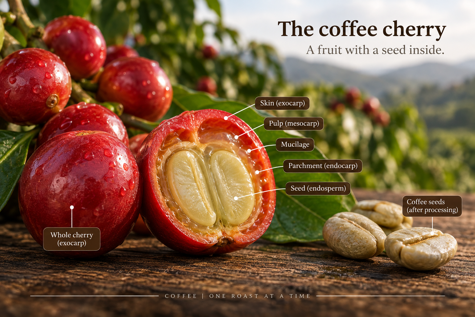 Ripe coffee cherries and a freshly opened coffee cherry showing the fruit and two seeds inside